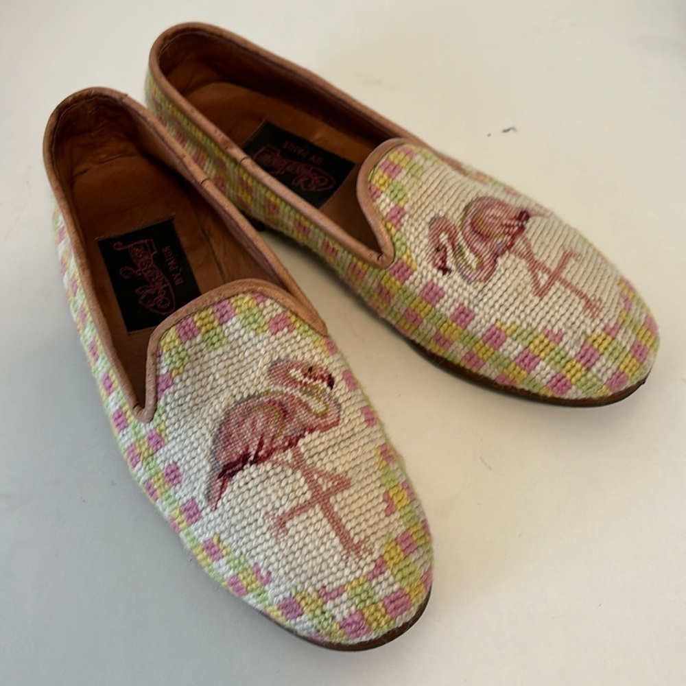 By Paige: The original needlepoint slipper for ladies pink flamingo size 7 flats